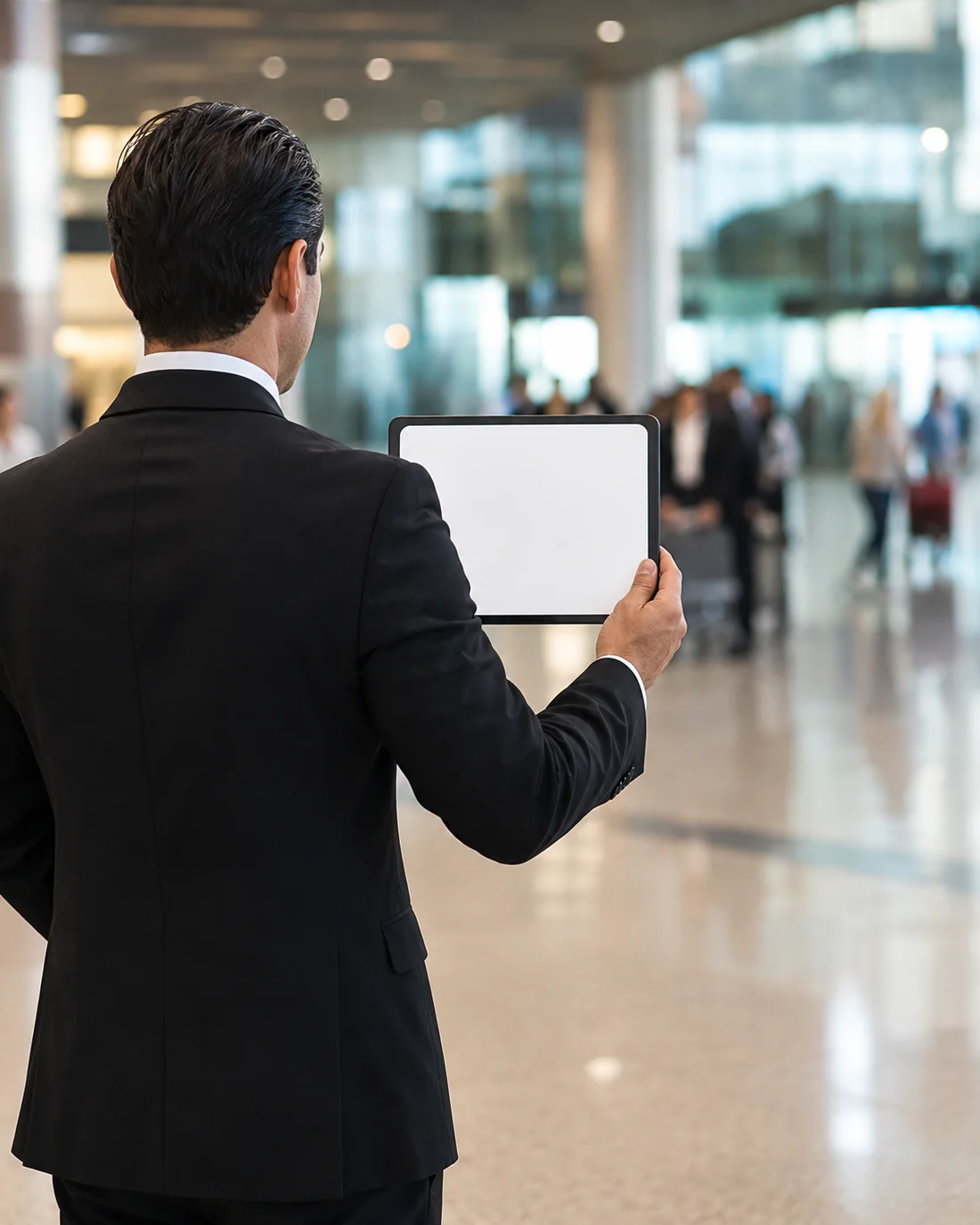 A chauffeur seen from behind, waiting in the arrivals hall with a name board