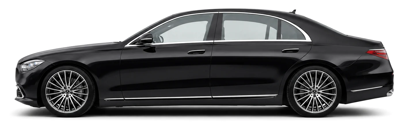 Black Mercedes S-Class saloon, side view